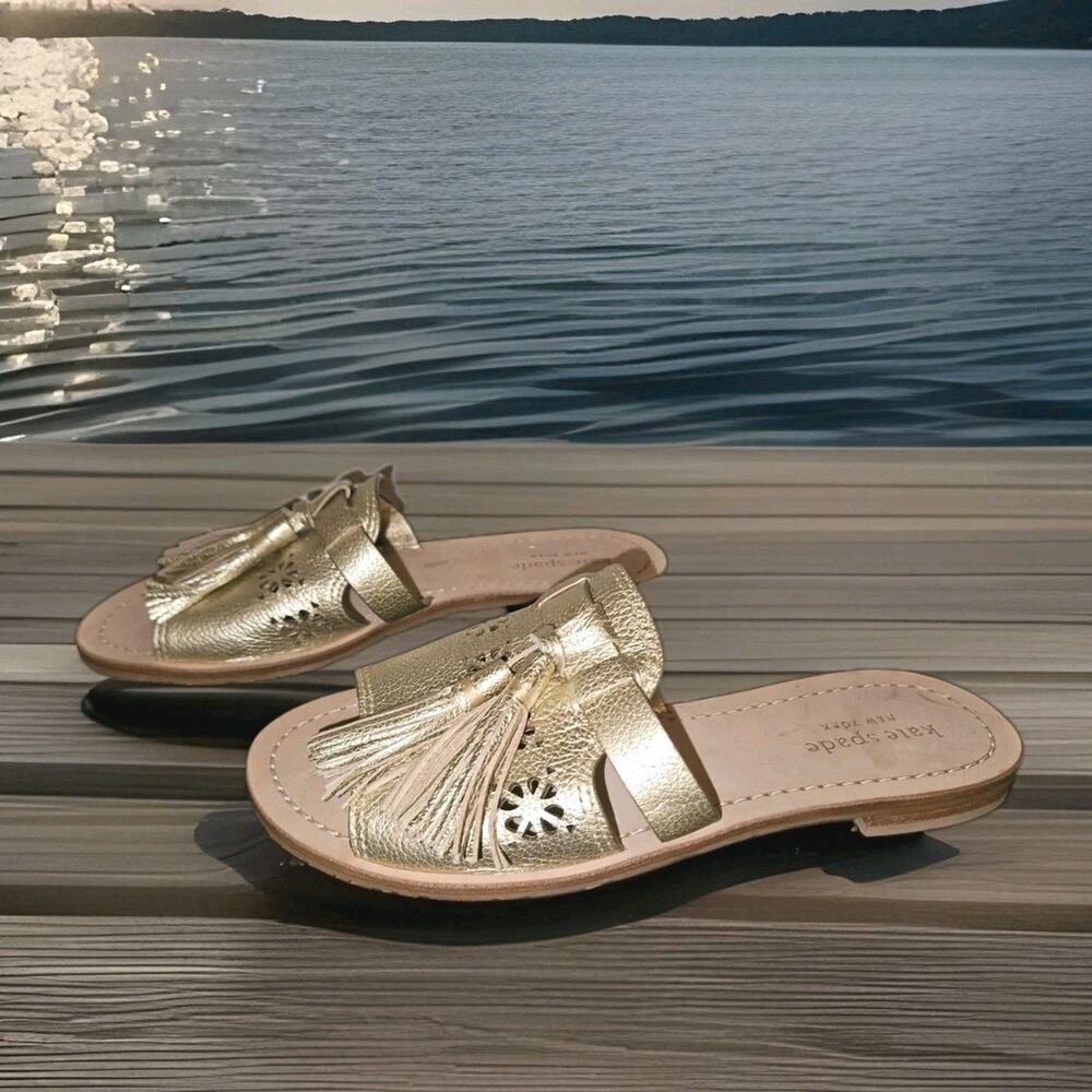 Kate Spade New York Claire Glat Sandals Gold Leather With Tassel Detail Sz 5.5